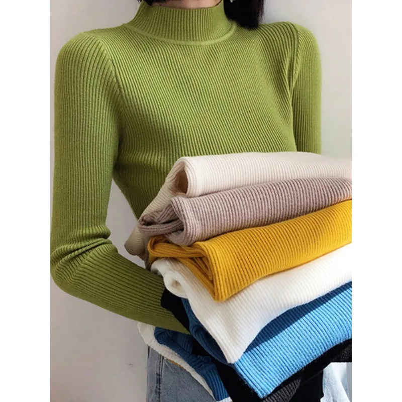 Autumn Winter Mock Neck Women Sweater Vintage Basic Solid Knitted Tops Casual Slim Pullover Korean Sweaters Simple Chic Jumpers - Matrix Studios