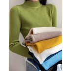 Autumn Winter Mock Neck Women Sweater Vintage Basic Solid Knitted Tops Casual Slim Pullover Korean Sweaters Simple Chic Jumpers - Matrix Studios