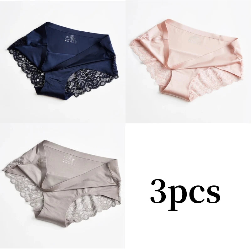 3pcs Lace Women's Panties French Seamless Underwear Female Ice Silk Briefs Solid Color Breathable Underpants Lingerie - Matrix Studios
