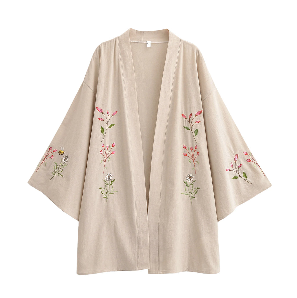 Vintage Chic Women Flowers and Bees Embroidery Bat Sleeve Beach Bohemian Kimono Dress Ladies V Neck Summer Boho Bikini Cover-ups - Matrix Studios