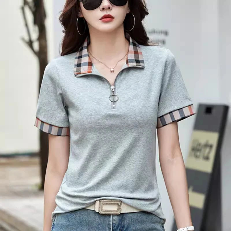 New Women Summer Cotton Polo T-shirt Fashion Button Plaid Turn-down Collar Short Sleeve Slim T-shirt Simplicity Casual Tees Tops - Matrix-studios.com
