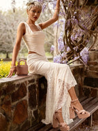 Lace Bandage 2 Piece-Set Long Skirt Female Patchwork Fashion Backless High Waist Elegant Lace-Up Maxi Skirt Sets Outfits - Matrix-studios.com