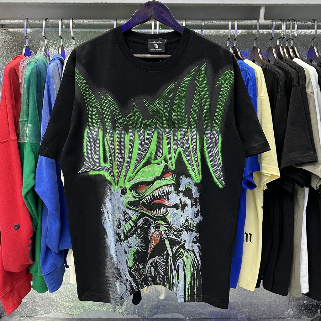 MIXED EMOTION Shirt Rhinestone Short Sleeve Men Women T-shirt Streetwear 100% Cotton Loose Round Neck Top Tees Oversized Tee Top - Matrix Studios