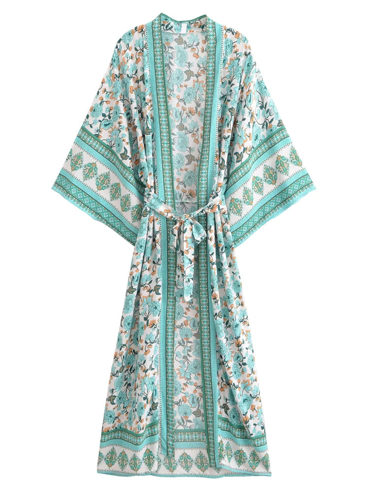 Vintage Chic Women Yellow Floral Print Beach Bohemian Kimono Ladies V Neck Batwing Sleeves Maxi Robe Boho Bikini Cover-ups - Matrix Studios