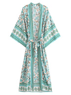 Vintage Chic Women Yellow Floral Print Beach Bohemian Kimono Ladies V Neck Batwing Sleeves Maxi Robe Boho Bikini Cover-ups - Matrix Studios