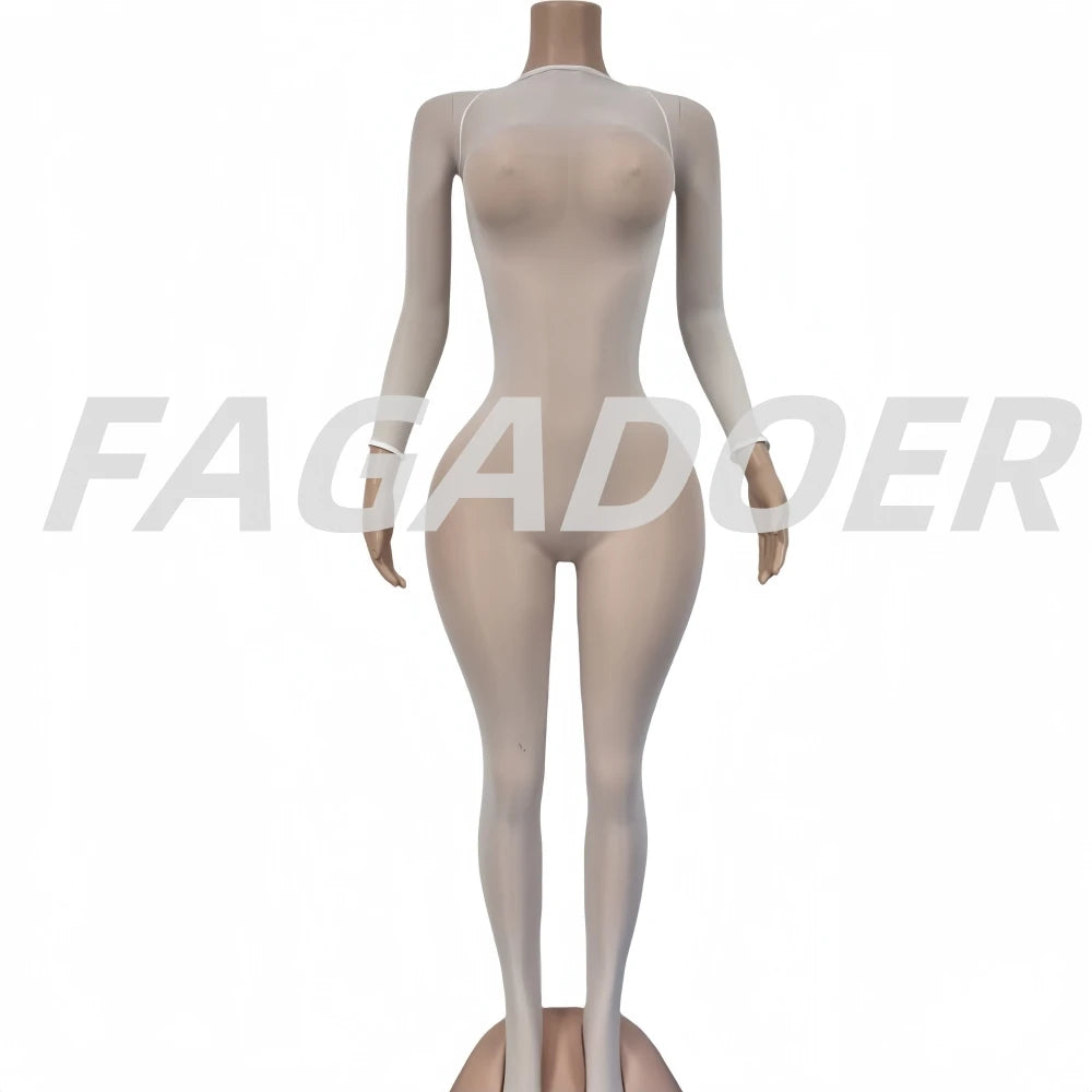 FAGADOER Summer New Sexy Mesh See Through Bodycon Jumpsuit Woman Long Sleeved Round Neck Rompers Female Party Club Overalls - Matrix Studios