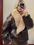 Women Vintage Fur Collar Leather Jacket Lapel V-neck Full Sleeve Double Breasted Bomber Jackets Lady Winter High Street Outwears - Matrix Studios