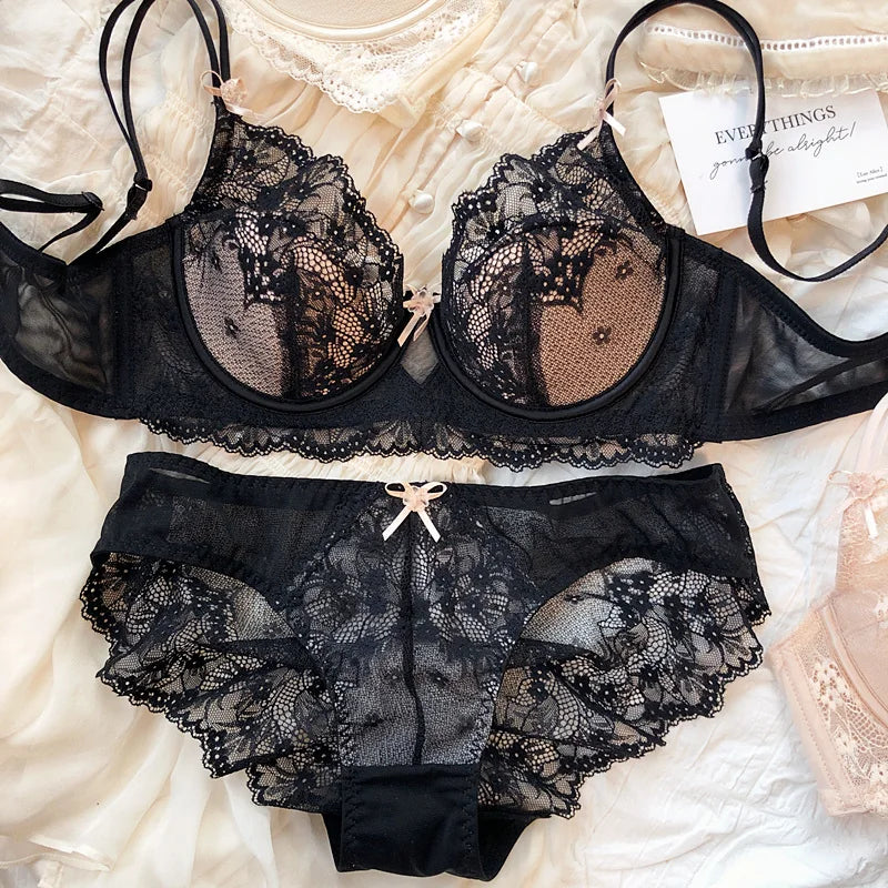 New Women Lingerie Set Sexy Lace Push Up Bra French 3/4 Thin Cup Bralette Cute Bow Decoration Underwear Comfort Bras Briefs Sets - Matrix Studios