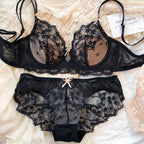 New Women Lingerie Set Sexy Lace Push Up Bra French 3/4 Thin Cup Bralette Cute Bow Decoration Underwear Comfort Bras Briefs Sets - Matrix Studios