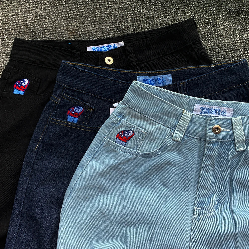 Y2K Embroidery Baggy Boy Jeans Women Streetwear Gothic Cartoon Blue Straight Jeans Retro Punk Rock High Waist Denim Trousers - Matrix-studios.com