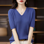 Women's Sweater Spring Summer Short Sleeve V-neck Knit Shirt Casual Korean Pullovers Stripe Bottoming Shirt Slim Fit Jumpers - Matrix Studios