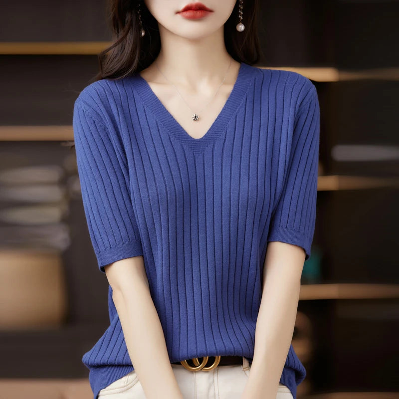 Women's Sweater Spring Summer Short Sleeve V-neck Knit Shirt Casual Korean Pullovers Stripe Bottoming Shirt Slim Fit Jumpers - Matrix Studios