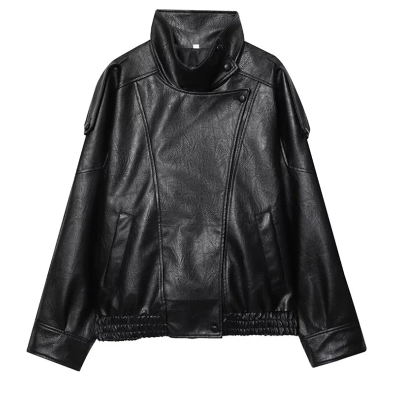 HXAO Black Jacket Women's Coat Faux Leather Jacket Outerwears Demi-Season Bomber Moto Biker Zipper Jacket High Neck Short Coat - Matrix Studios