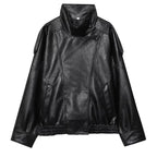 HXAO Black Jacket Women's Coat Faux Leather Jacket Outerwears Demi-Season Bomber Moto Biker Zipper Jacket High Neck Short Coat - Matrix Studios