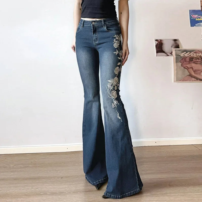 Retro Y2k Jeans Baggy Floral Embroidery Jeans Women Vintage 2000s Low Rise Flared Denim Pants High Street Basic Trousers - Matrix-studios.com