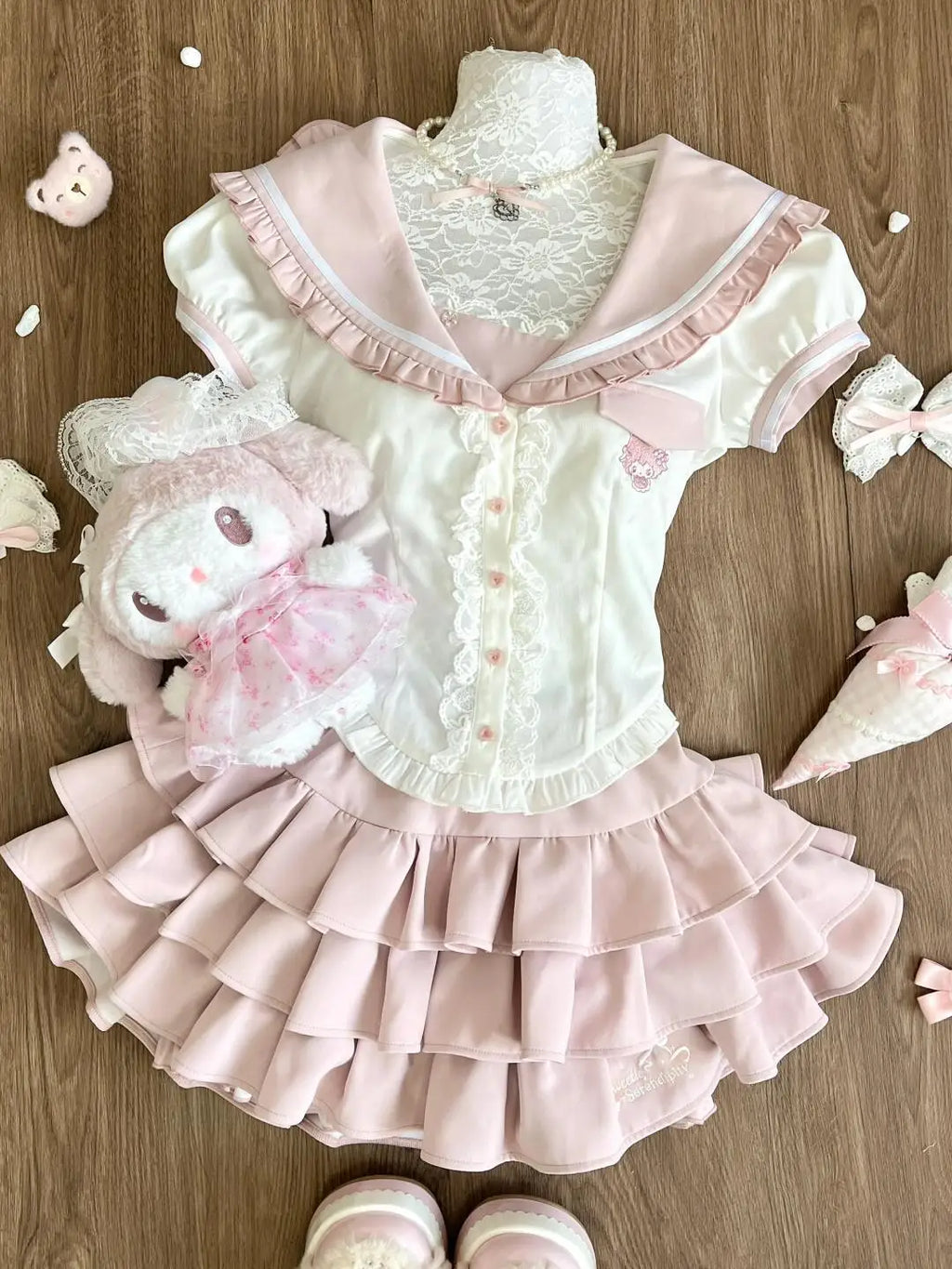 Japanese Pink Sweet Kawaii Lolita Elegant 2 Piece Sets Women Preppy Style Design Mini Skirt Suit Female Princess Chic Outfits - Matrix-studios.com