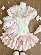 Japanese Pink Sweet Kawaii Lolita Elegant 2 Piece Sets Women Preppy Style Design Mini Skirt Suit Female Princess Chic Outfits - Matrix-studios.com