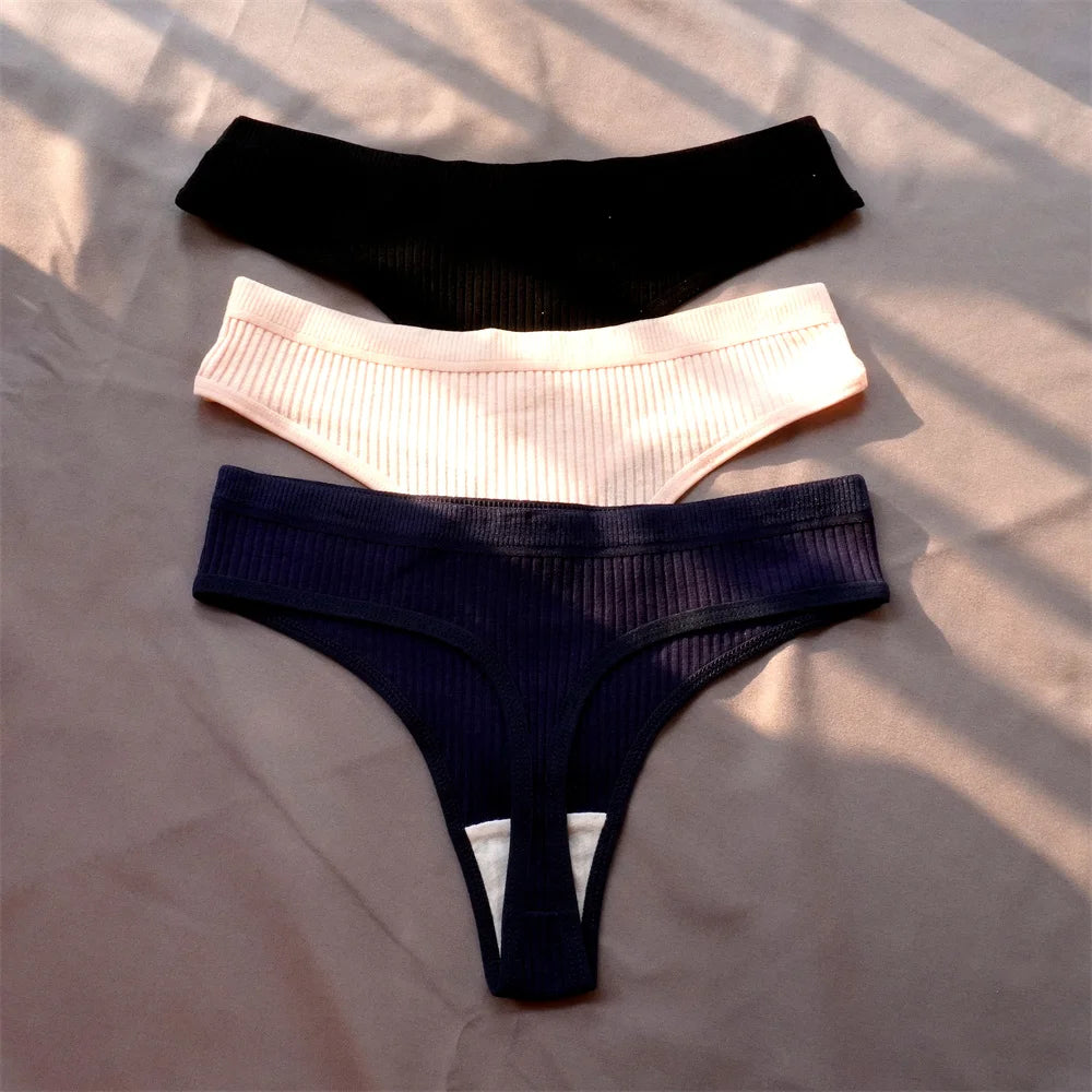 3 Pcs Seamless Ladies Ribbed Cotton Thong Simple Women's Low Waist Bikini Briefs Sports Girls Underwear Plus Size - Matrix Studios