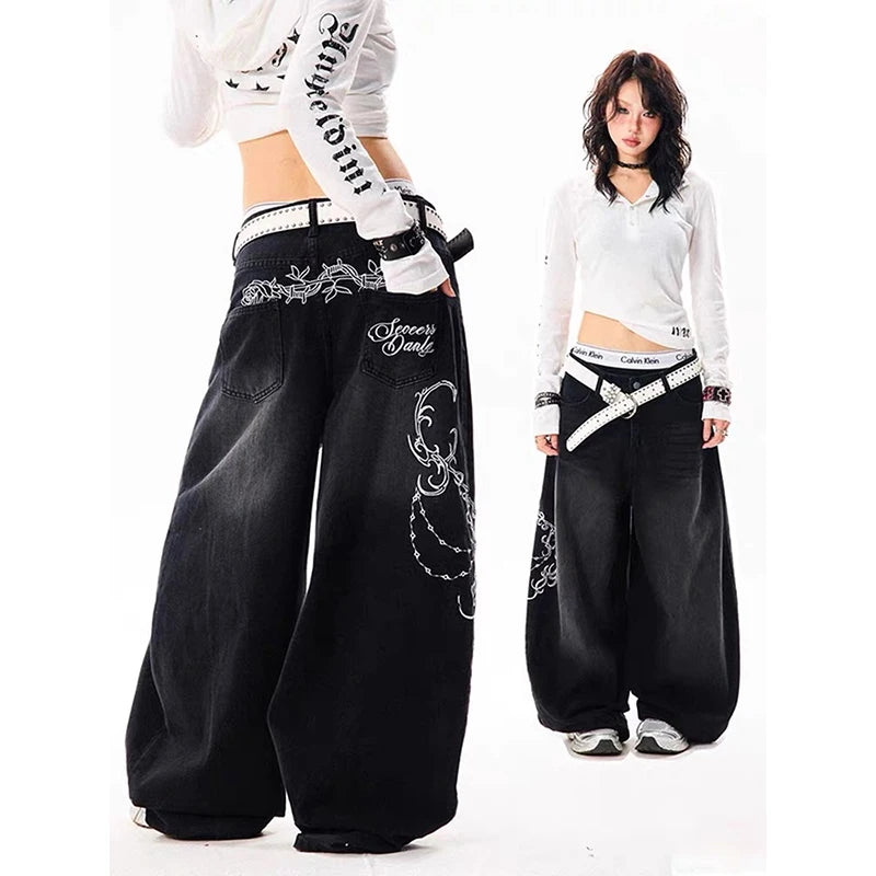YIBASHU Women Vintage Embroidery Y2K Baggy Jeans Female High Waist 2000s Wide Leg Denim Pants American Retro Harajuku Trouser - Matrix-studios.com