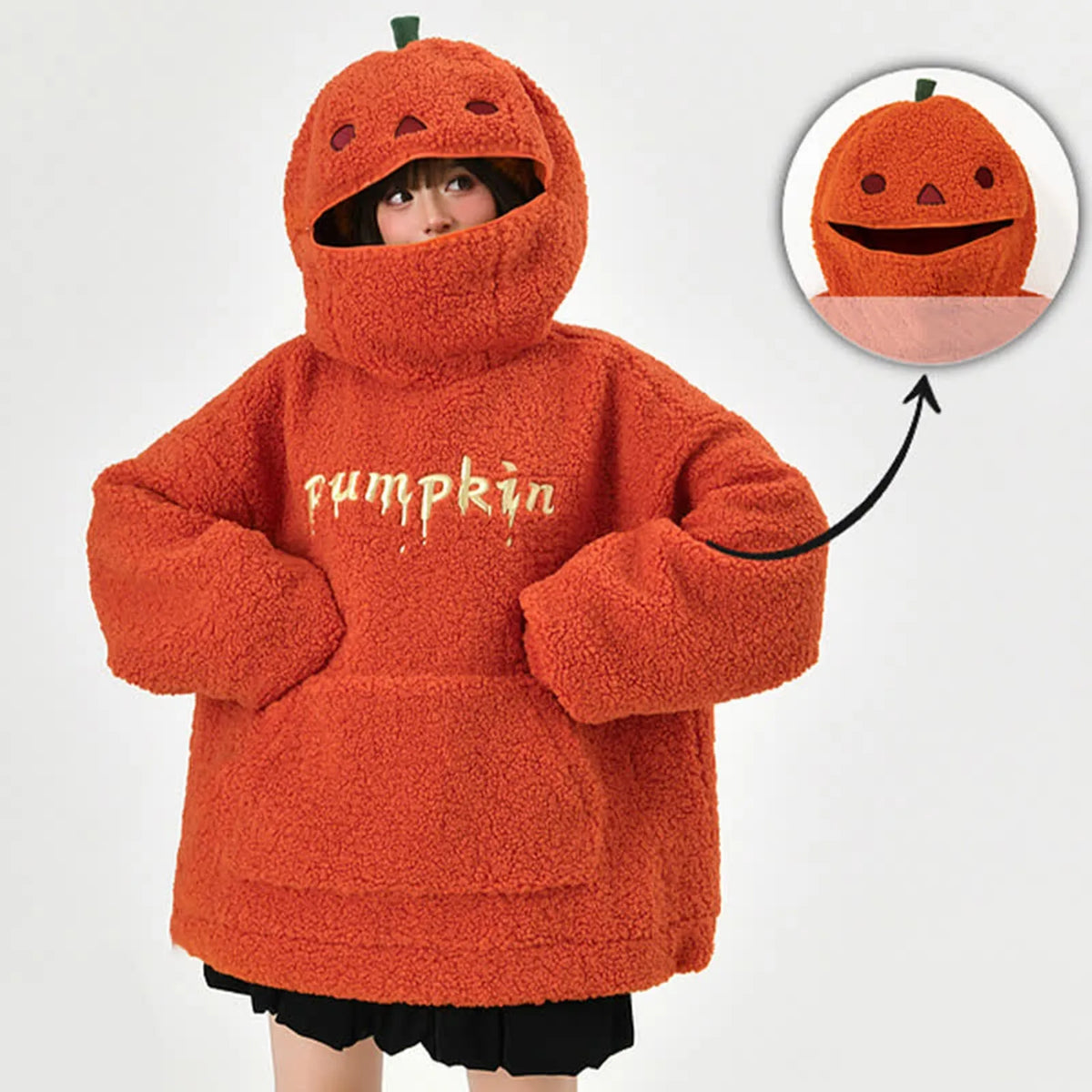 Women's Halloween Pumpkin Shaped Hoodie Autumn Round Neck Hooded Sweatshirt Double-Faced Fleece Cute Halloween Sweater Tops - Matrix Studios