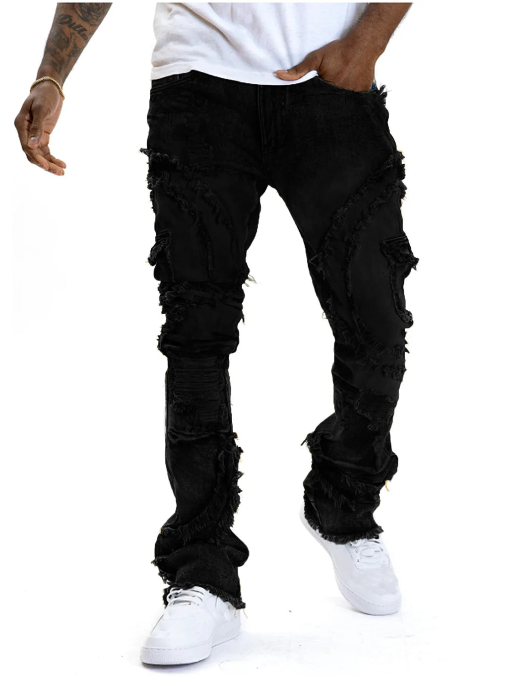2025 New European and American men's casual jeans, street punk fashion, retro, ripped hole, slightly flared tassel elastic jeans - Matrix Studios