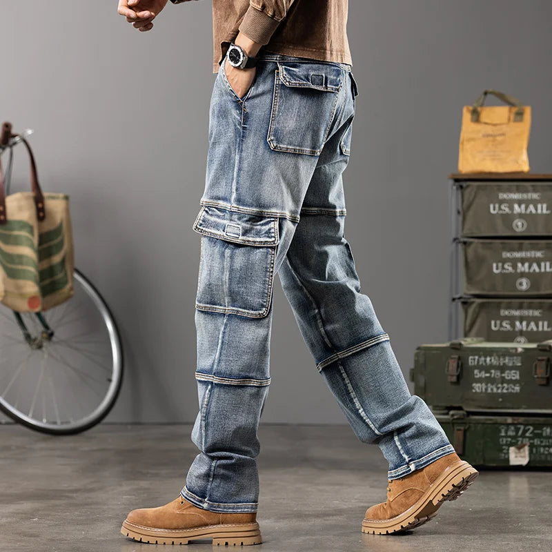Autumn and winter new styles Men's Outdoor Wide Leg Workwear Multi-Pocket Jeans Straight fit plus size men's jeans  42 44 - Matrix Studios