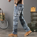 Autumn and winter new styles Men's Outdoor Wide Leg Workwear Multi-Pocket Jeans Straight fit plus size men's jeans  42 44 - Matrix Studios
