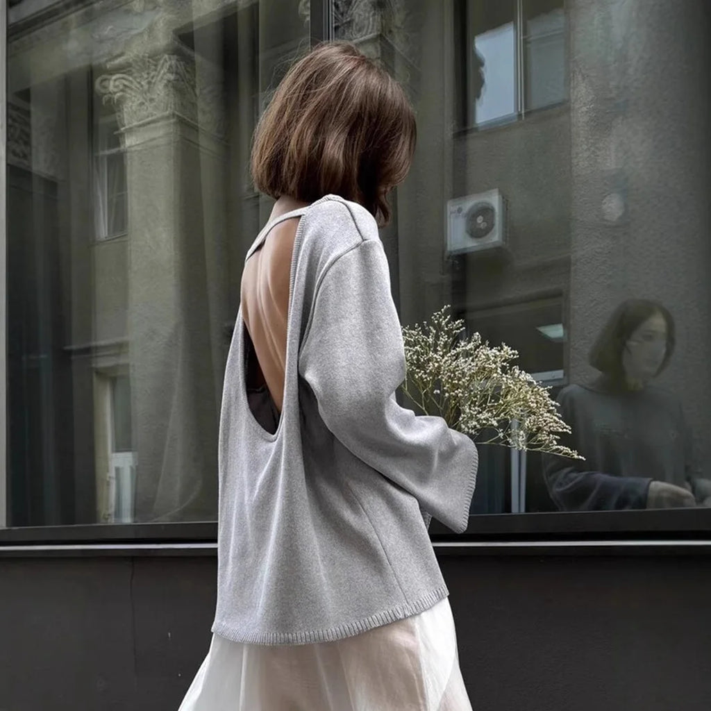 Original Backless O-neck Cotton Knit Sweater Autumn and Winter Women Simple Loose Soft Warm Elastic Daily Office Casual Sweater - Matrix Studios