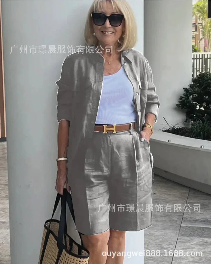 2026 Elegant 2-Piece Sets For Women Womens Cardigan Shirt Top Summer Solid Color Casual Shorts Two Piece New In Matching Sets - Matrix-studios.com