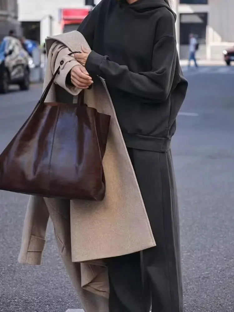 HH Women Solid Casual Sweatshirt Pant Suit Long Sleeve Hooded Fleece Pullover Coat Loose Straight Trousers Office Lady Sets - Matrix-studios.com