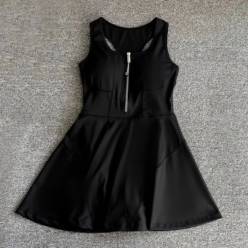 Tennis Skirt Casual Half Zipper Sports Fitness Dress Anti-Running High Waist Slim Golf Yoga Dress - Matrix-studios.com