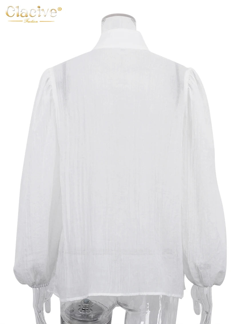 Clacive Fashion White Cotton Woman Blouse 2024 Elegant Stand Collar Puff Sleeve Shirts Casaul Classic Blusa Tops Female Clothing - Matrix-studios.com