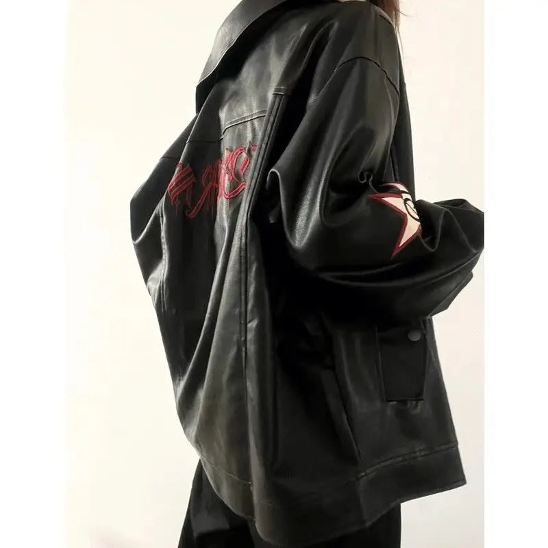 Autumn American Vintage Embroidered Leather Jacket Women Black PU Faux Fur Coat Letter Jaqueta Chaquetas Mujer - Matrix Studios