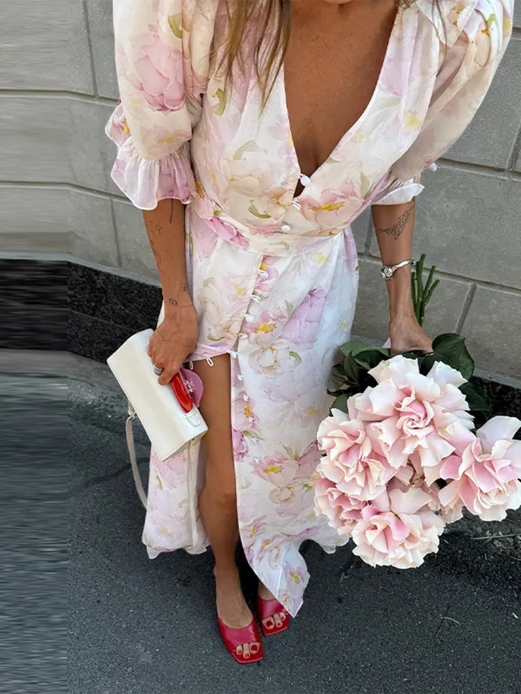 Organza Floral Printed Maxi Dress V-Neck  Puff Sleeve 2026 Spring/Summer Romantic Women Party Gown Fashion Elegant Lady Vestidos - Matrix-studios.com