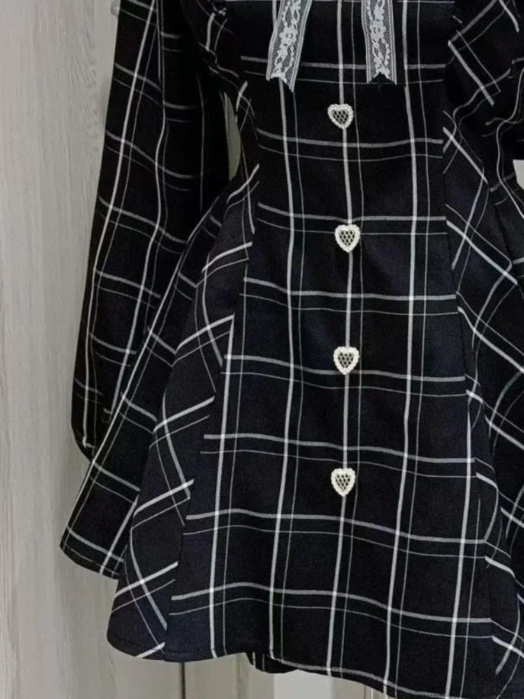 Japanese Fairy Sweet Lace Patchwork Plaid Dress Women Kawaii Grunge Ruffled Long Sleeve Dresses Y2k Aesthetic JK Lolita Vestidos - Matrix-studios.com