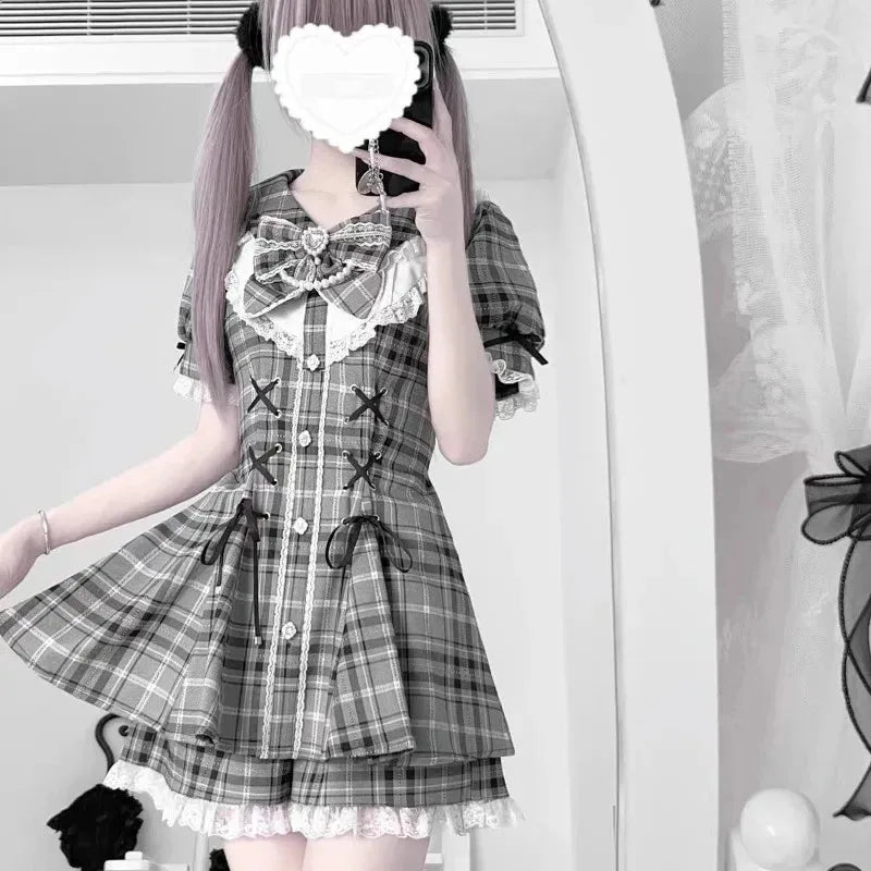 Y2k Aesthetic Lolita Style Bow Dress Shorts Set Japanese Women Gothic Lace Flare Sleeve Button Shirt Dress Punk Party Mini Dress - Matrix-studios.com