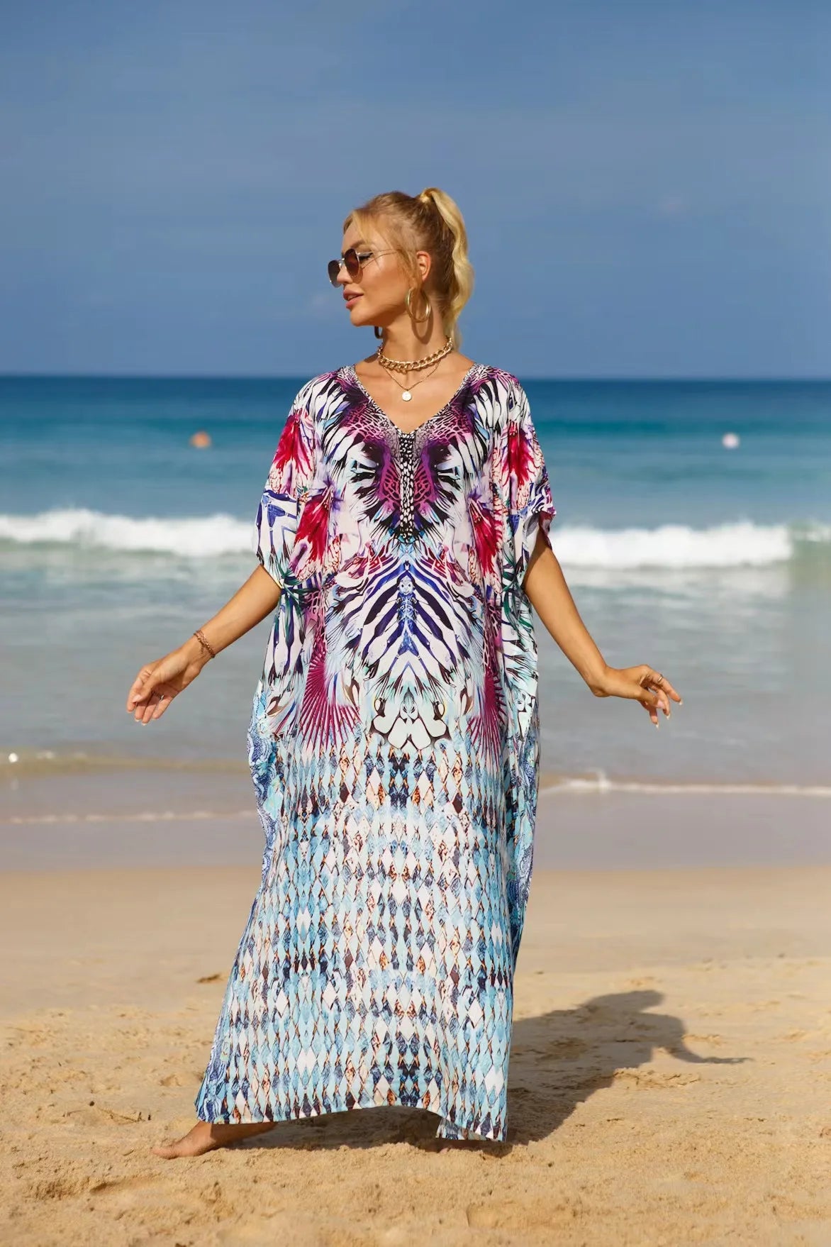 Kaftan Dresses Tropical Printed Cover Ups for Swimwear Women Elegant Maxi Robe Holiday Bathing Suits Dropshipping Hot Sales - Matrix Studios
