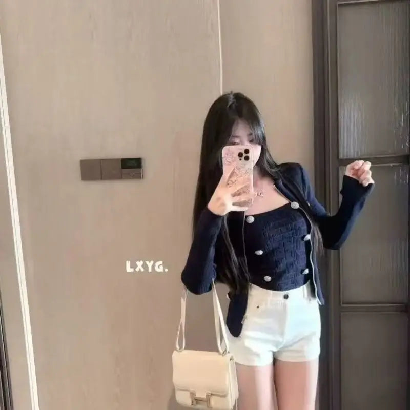 Fall Fashion Geometric Jacquard Knitted Set Women Fashion Button Zipper Cardigan+Camisole Top Office Lady Wool Knitwear Suit - Matrix Studios