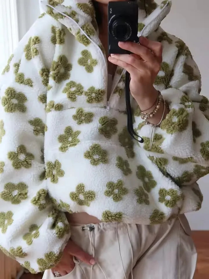 New Autumn Winter Women's Sherpa Floral Casual Pullover Hoodies Half Zip Style Loose Warm Fleece Lining Sweatshirt - Matrix Studios