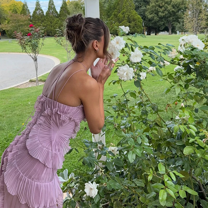 Chic pleated halter neck long vacation dress high quality purple strapless Lotus Edge Maxi Dress 2026 New Lady Vacation Gowns - Matrix-studios.com