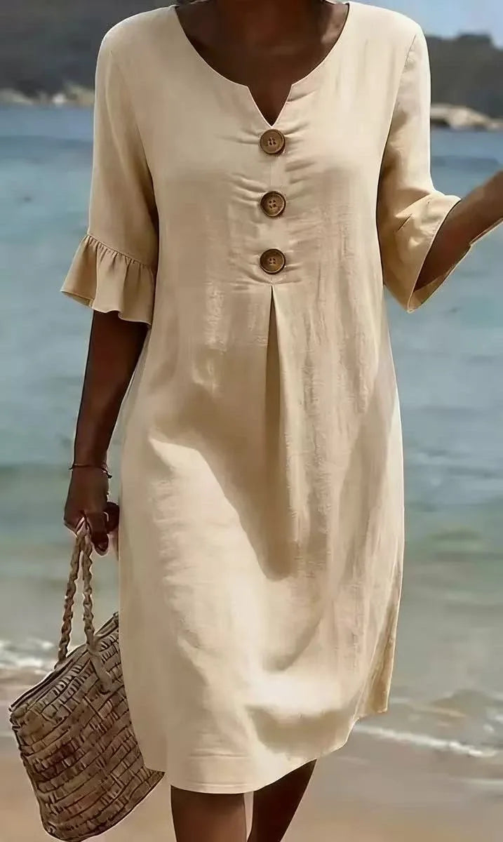 2026 Amazon European and American Cross-Border Spring and Summer New Cotton and Linen V-Neck Dress with Large Buttons and Ruffle - Matrix-studios.com