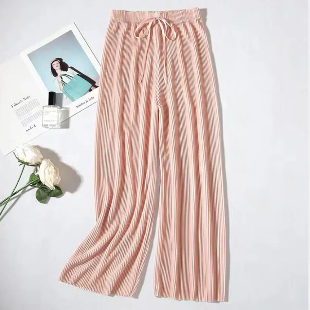 2025 Women's Pleated Loose Ice Silk Korean Casual Cropped Pants Wide Leg Trouse Home Classic Sports Wear Girls Clothes Black Top - Matrix-studios.com