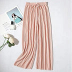 2025 Women's Pleated Loose Ice Silk Korean Casual Cropped Pants Wide Leg Trouse Home Classic Sports Wear Girls Clothes Black Top - Matrix-studios.com