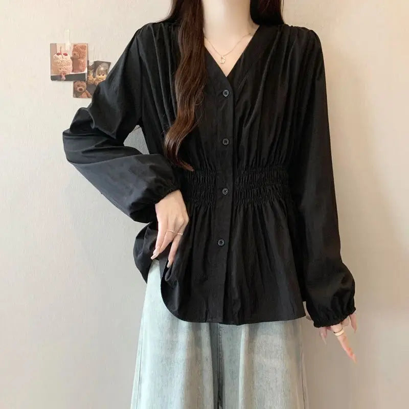 200 Pounds Plus Size Elastic Waist Office Lady Trend Shirt And Blouse Solid Color Top Women Clothing V-neck French Chic Basics - Matrix-studios.com