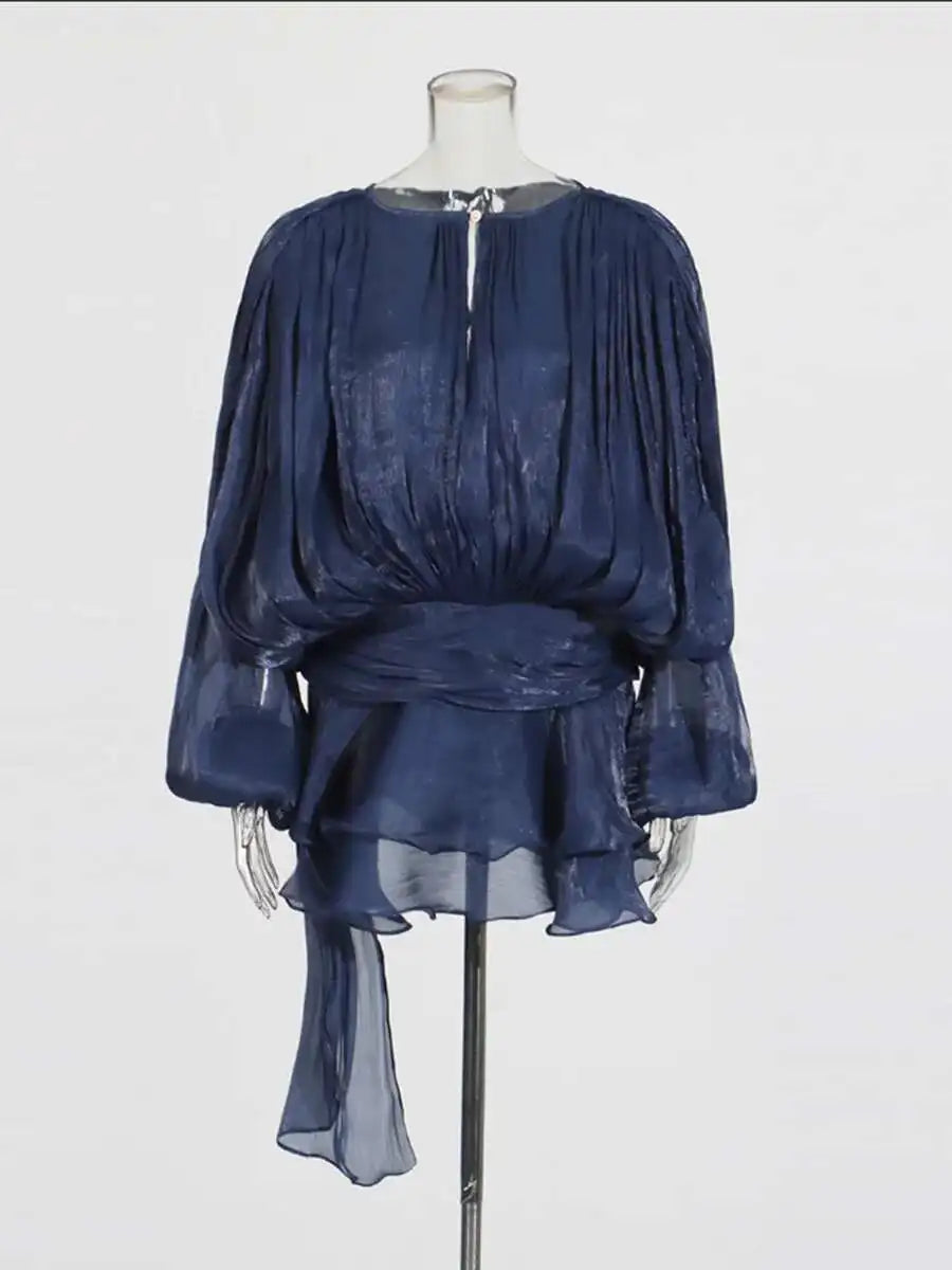TWOTWINSTYLE Solid Blouse Mini Dresses For Women V Neck Long Sleeve Spliced Lace Up Sweet Style Dress Female Clothing Fashion - Matrix-studios.com