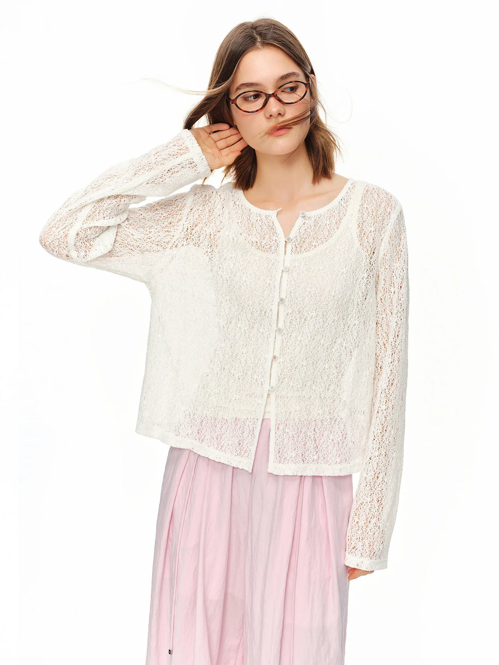 DUSHU 2026 Summer Women's Textured Beaded Button Relaxed Cardigan, Openwork Loose Knit Top for Coquette & Soft Layering Style - Matrix Studios