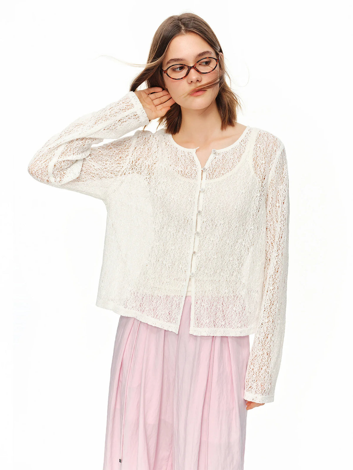 DUSHU 2026 Summer Women's Textured Beaded Button Relaxed Cardigan, Openwork Loose Knit Top for Coquette & Soft Layering Style - Matrix Studios