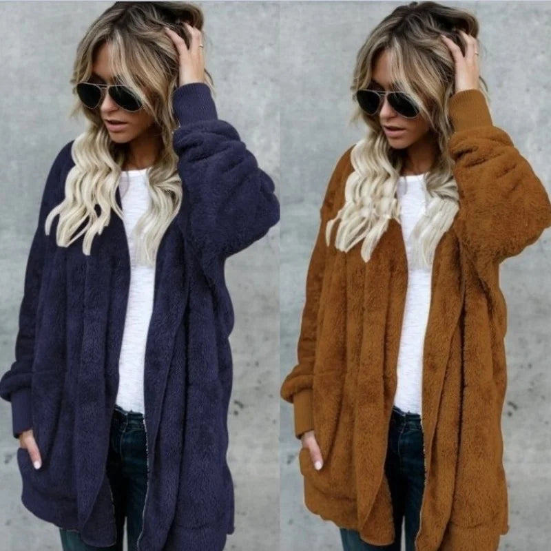 Women Autumn Winter Double-faced Fur Fleece Faux Fur Medium Style Hooded Warm Thick Coat Casual Solid Long-sleeved Fur Overcoat - Matrix Studios