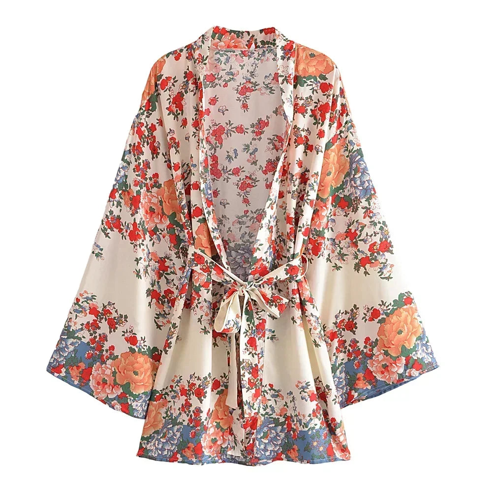 Happie Queens Women Floral Print Sashes Bat Sleeve Beach Bohemian Kimono Dresses Ladies V Neck  Summer Bikini Boho Cover-ups - Matrix Studios