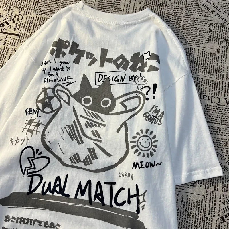 Summer Japanese Retro Pocket Cat Cartoon Printed Short Sleeve T-shirt Male Female Couples Unisex College Style Oversized Top - Matrix-studios.com